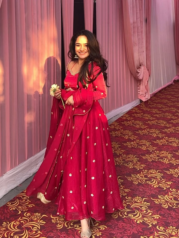 Molins Fendy Silk Blush Red Anarkali Premium Suit Set