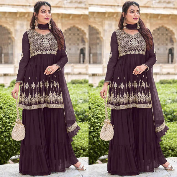 Chocolate Coloured Embroidered Top and Plazzo