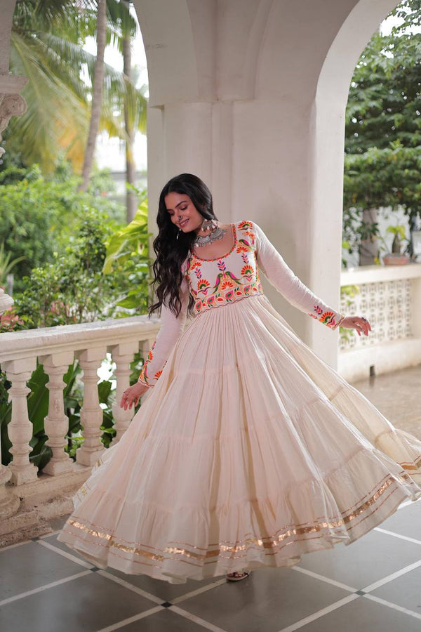 Off White Kora Cotton Gota Patti Work Navratri Gown