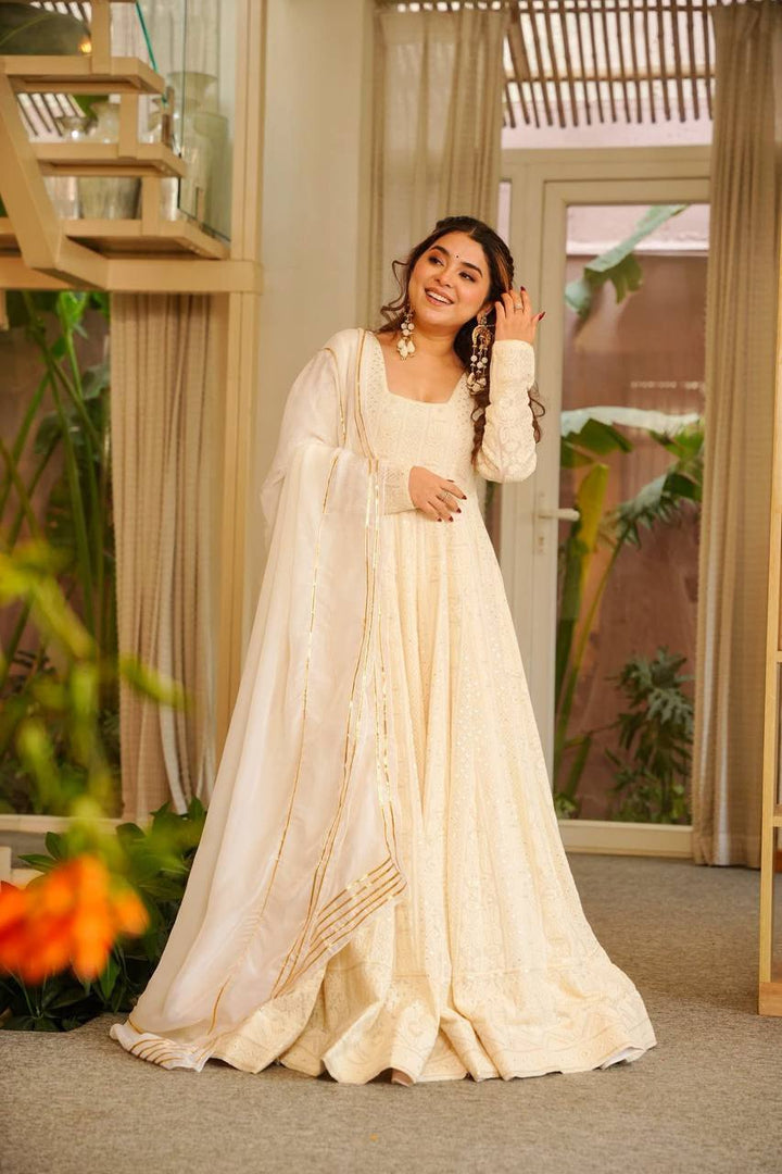 Elegant Ivory Wedding Wear Heavy Embroidered Anarkali Suit  Liksha Clothing