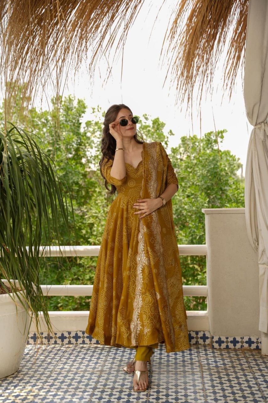 Bandhani Mehndi Colour Anarkali Suit Set – Liksha Clothing