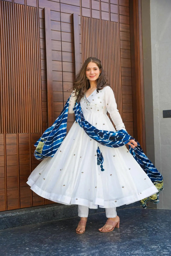 White Roman Silk New Design Premium Anarkali Suit Set .